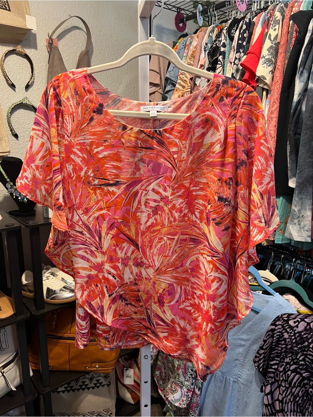 Notations Vibrant Floral Flutter Sleeve Blouse - Pink & Orange